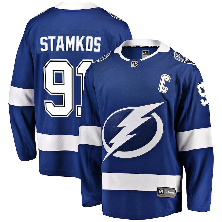 Men Tampa Bay Lightning 91 Steven Stamkos Fanatics Branded Blue Breakaway Player NHL Jersey